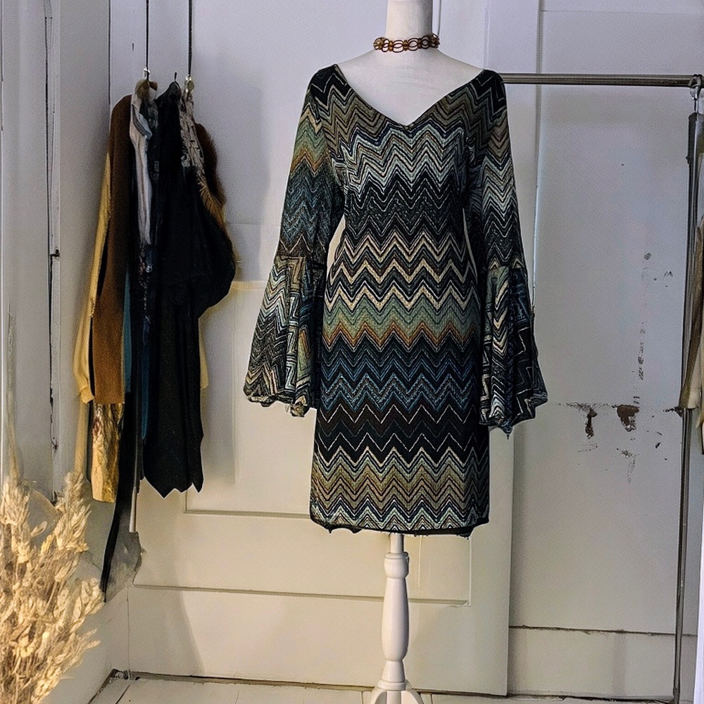Multi-Colored Brown & Turquoise Blue, Bell Sleeve Dress